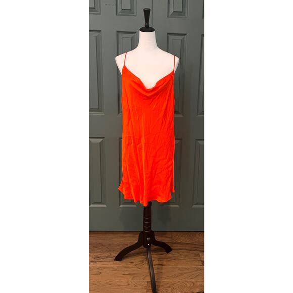 Zara Orange Slinky Satin Bais Cut Draped Cowl Dress Size XXL - Picture 3 of 8